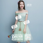 绿色一字肩流苏腰带短礼服