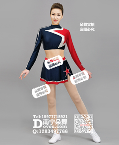 蓝深蓝单边红袖体操啦啦操短裙