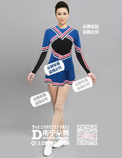 蓝色红蓝条纹长袖体操啦啦操短裙