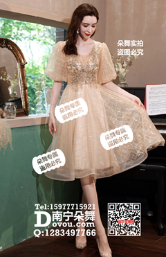 金色灯笼袖优雅纱裙小礼服