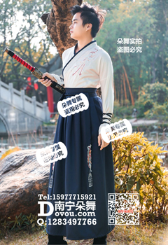 白衣蓝裙窄袖齐腰汉服男装