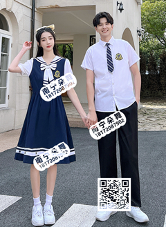 深蓝白条纹连衣裙男女学生装