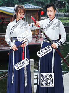 白衣蓝裙白腰带汉服男女装