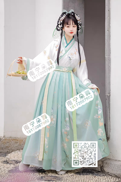 白衣黄边绿裙百合花汉服