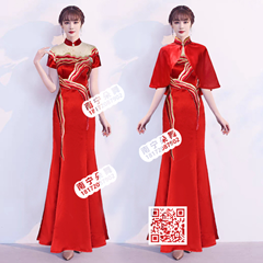 红色绿水青山鱼尾礼仪旗袍