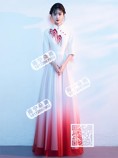 白红渐变红色江山斜扣礼服