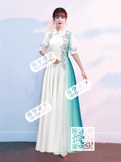 白蓝渐变立领竹叶无飘袖长裙3