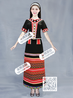 黑色红波浪V领短袖佤族长裙