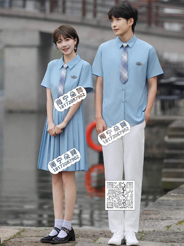 淡蓝连衣裙格子领带女学生装+男淡蓝衬衣