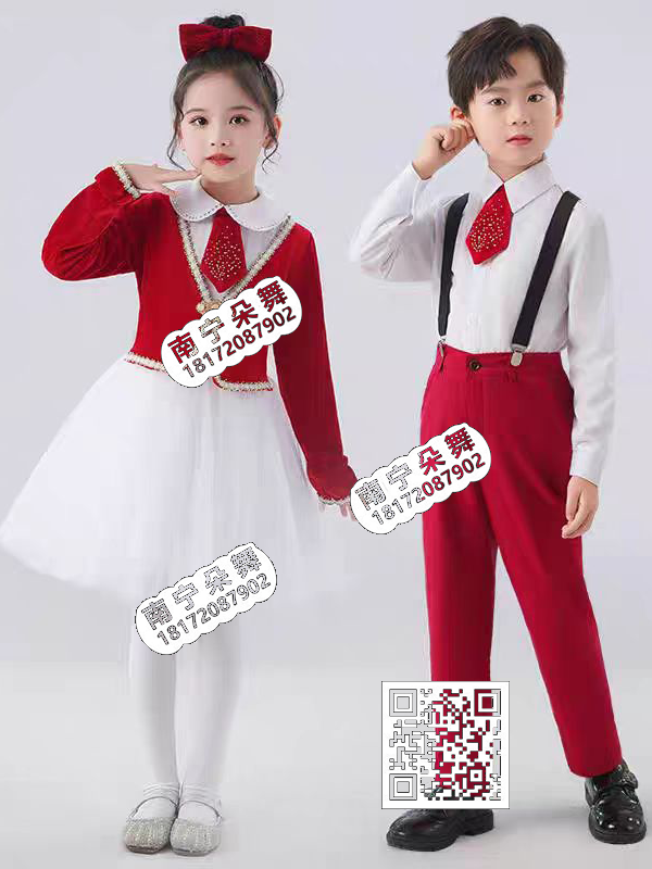 红色假两件长袖女童+白衣红裤男童