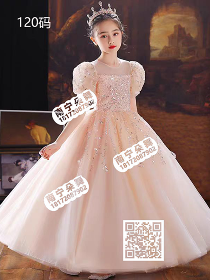 粉色镂空领泡泡袖亮片女童礼服