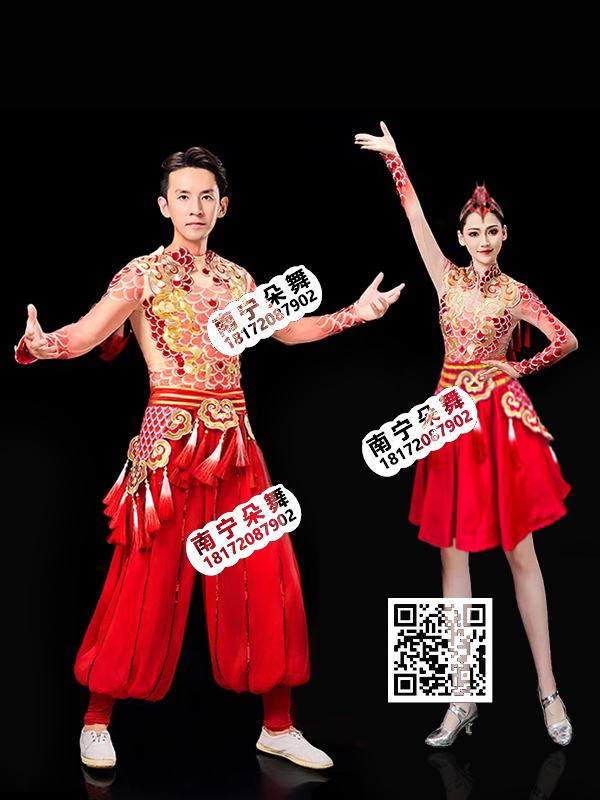 金红龙鳞衣红女短裙祥云衣收脚男红裤装1