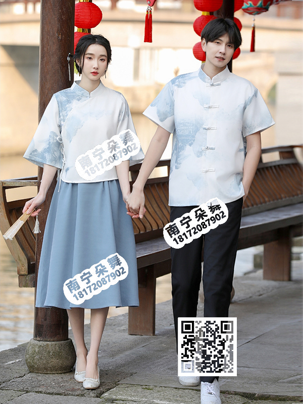 灰白水墨立领民国五四新中式男女套装