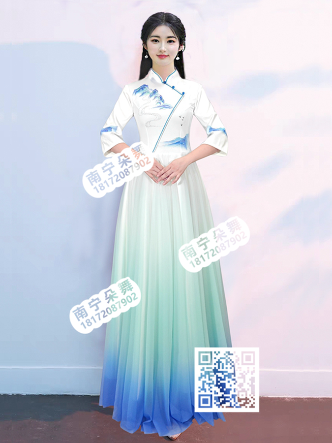 白色蓝绿渐变青山长裙