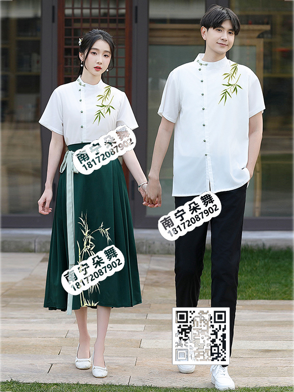 白衣墨绿长裙竹叶马面裙新中式男女套装