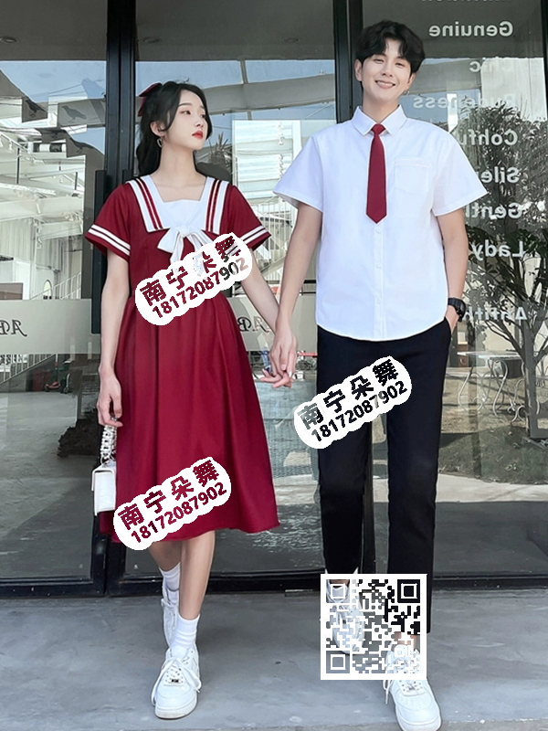 红白方海军领连衣裙白衫黑裤学院风男女套装