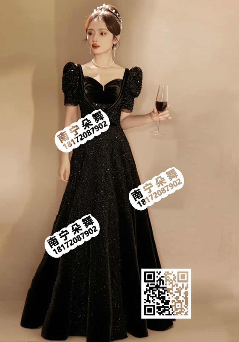 黑色法式泡泡袖闪亮礼服