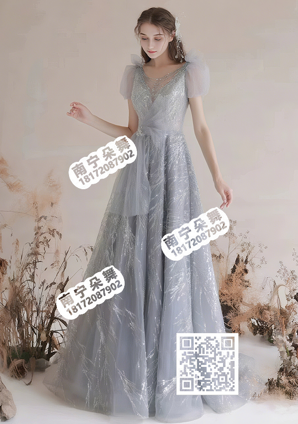 灰白V领镂空泡泡袖长礼服0