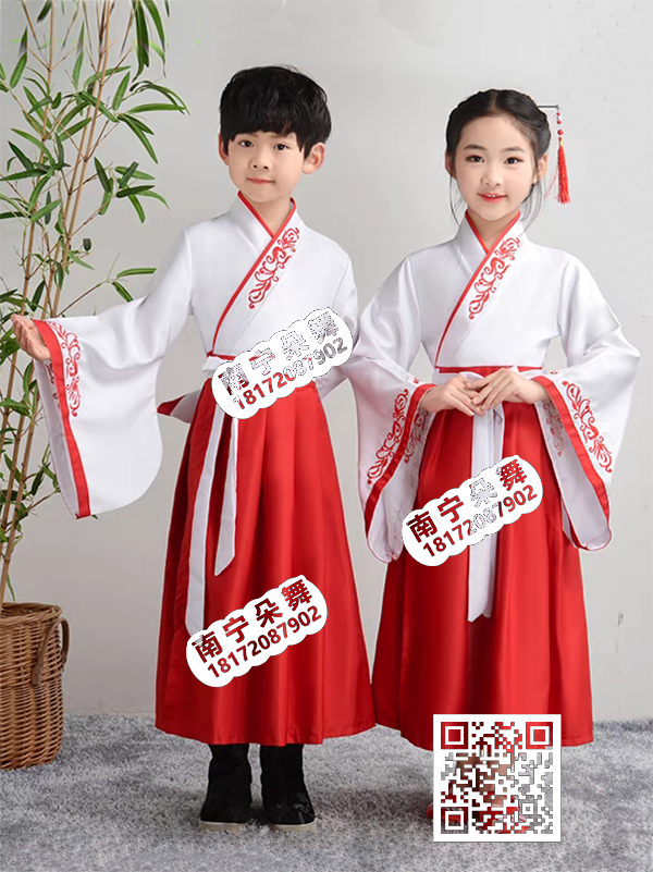 白衣红裙斜襟男女童汉服