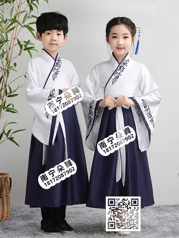 白衣蓝裙斜襟男女童汉服