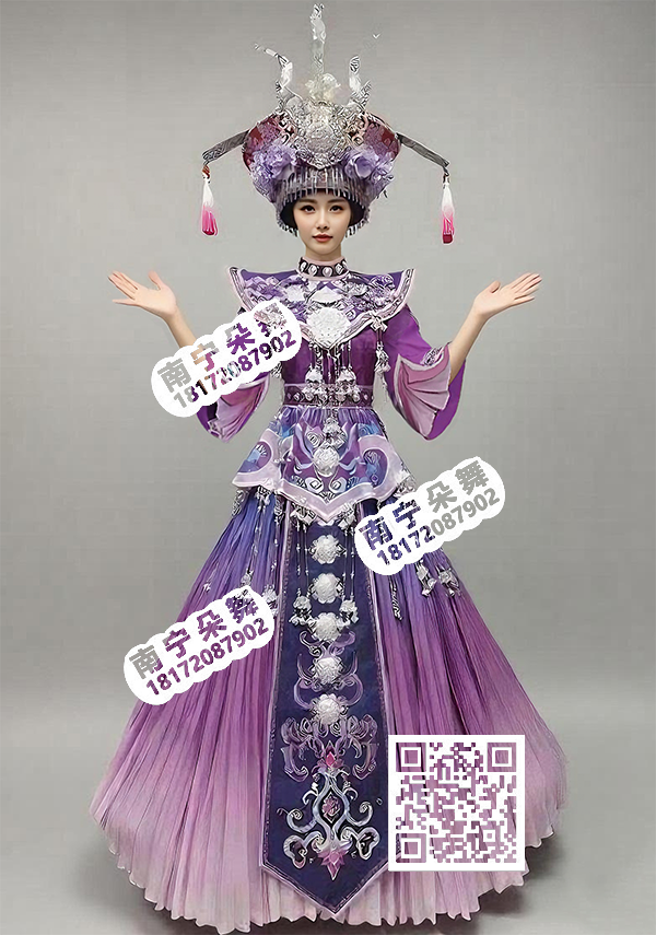 紫色渐变华丽云肩荷花中袖苗族女装2