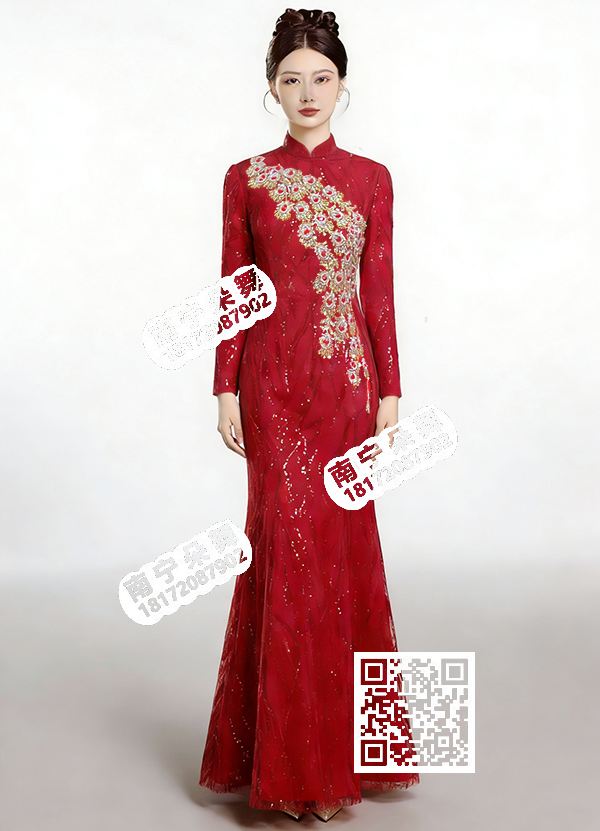 大红亮片网金凤尾旗袍