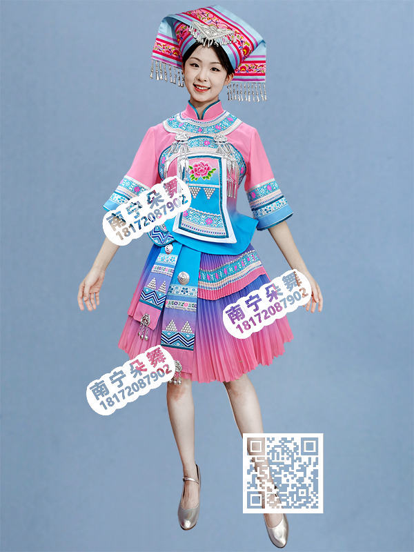 粉蓝渐变翘衣角壮族百褶短裙