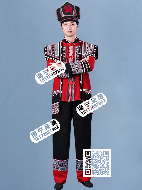 红衣黑裤黑边方肩仫佬族男装