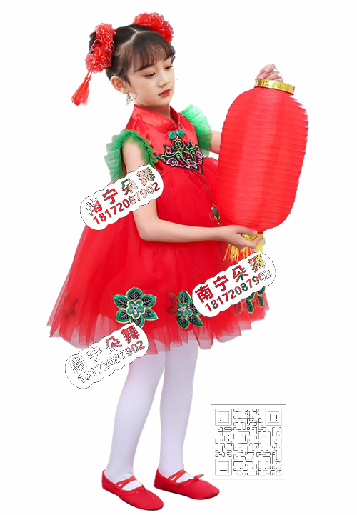 大红绿花喜庆蓬蓬裙女童