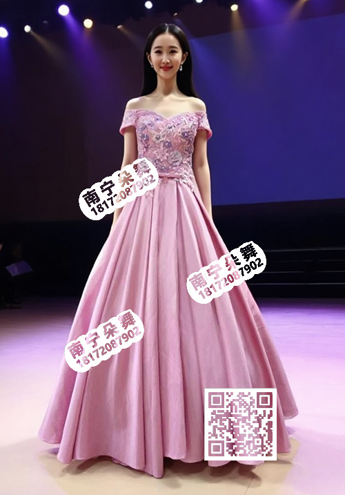 水红假V领厚锻蓬蓬长礼服