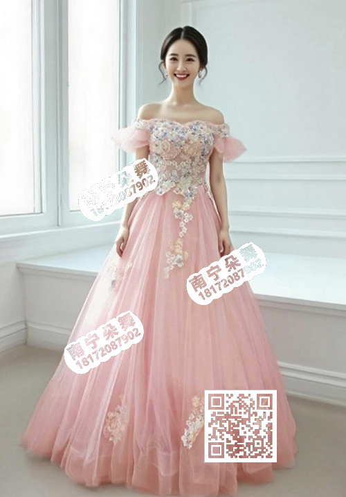 粉色兰花一字肩蕾丝纱裙蓬蓬长礼服