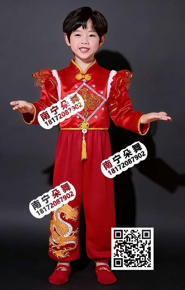 红色喜庆盘龙金边丝绸肩男童服