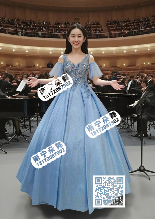 蓝色v领亮片花纱袖缎面蓬蓬长礼服