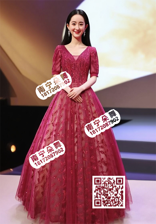 酒红凤尾花亮片中袖蓬蓬长纱裙