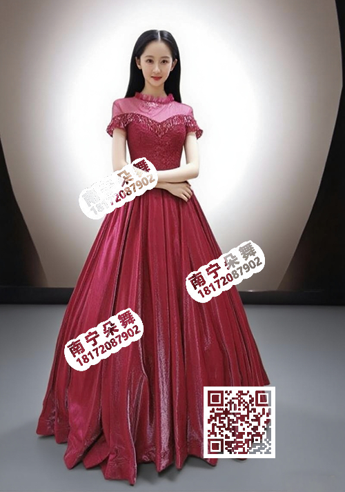 酒红透纱吊珠复合丝蓬蓬长礼服