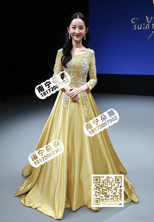 金色透纱中袖圆领钉珠厚锻蓬蓬长礼服
