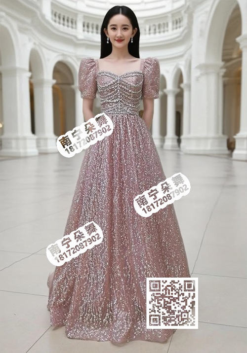 香槟色亮钻多层串珠长礼服