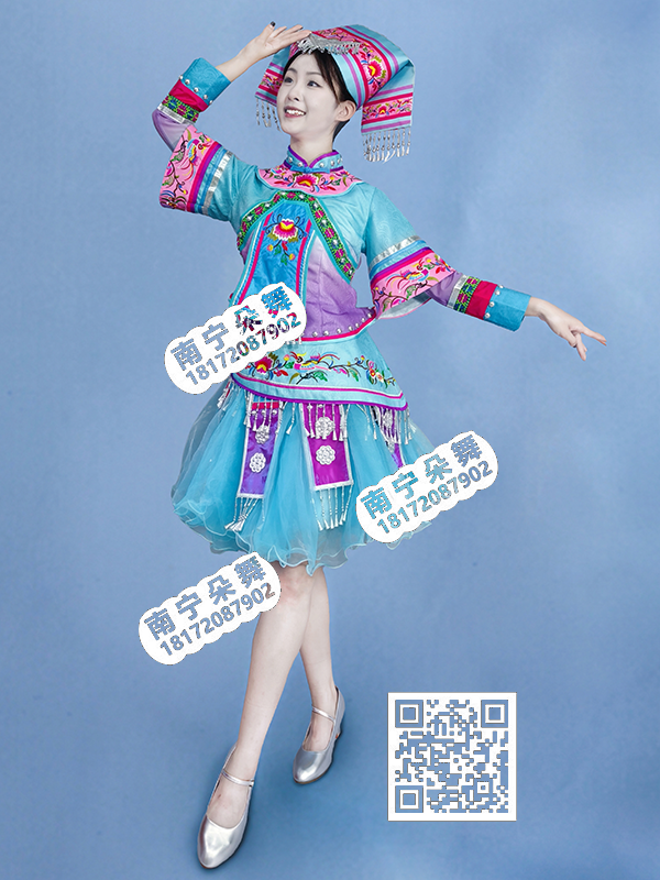 天蓝玫红花边双层袖短纱裙壮族女服