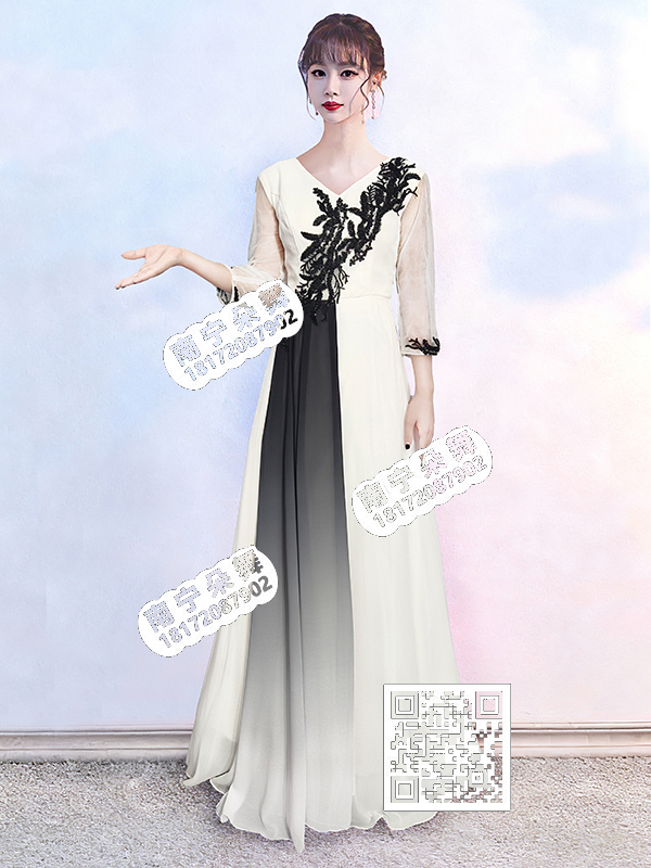 白色连衣裙透明袖黑花吊腰女合唱服