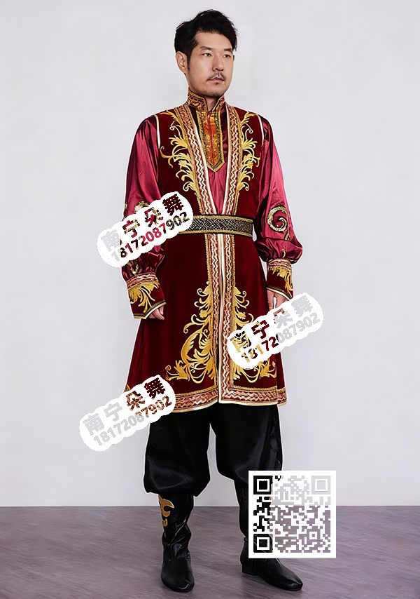 棕红褂金边黑裤蒙古男装