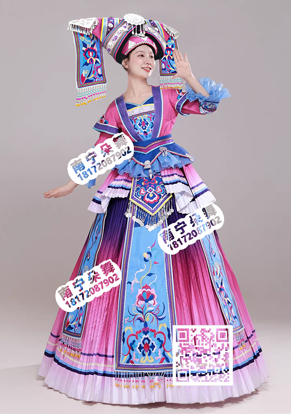 粉紫渐变双层袖多层腰壮族女盛装