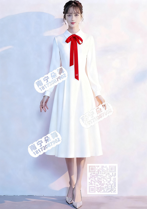 纯白长袖红领结女连衣裙
