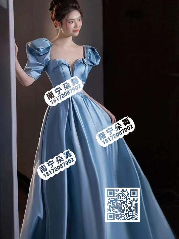 蓝灰深V泡泡袖缎面女礼服